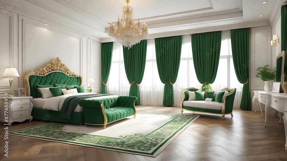 Royal luxury bedroom interior design, green and white color interior ...