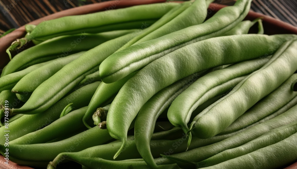 green beans on wooden table , generated by AI. High quality photo green beans on wooden table , generated by AI. High quality photo