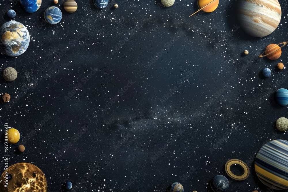 Naklejka premium Planets and stars in the deep Universe. Cosmic theme with starry sky illustration for children, copy space for text