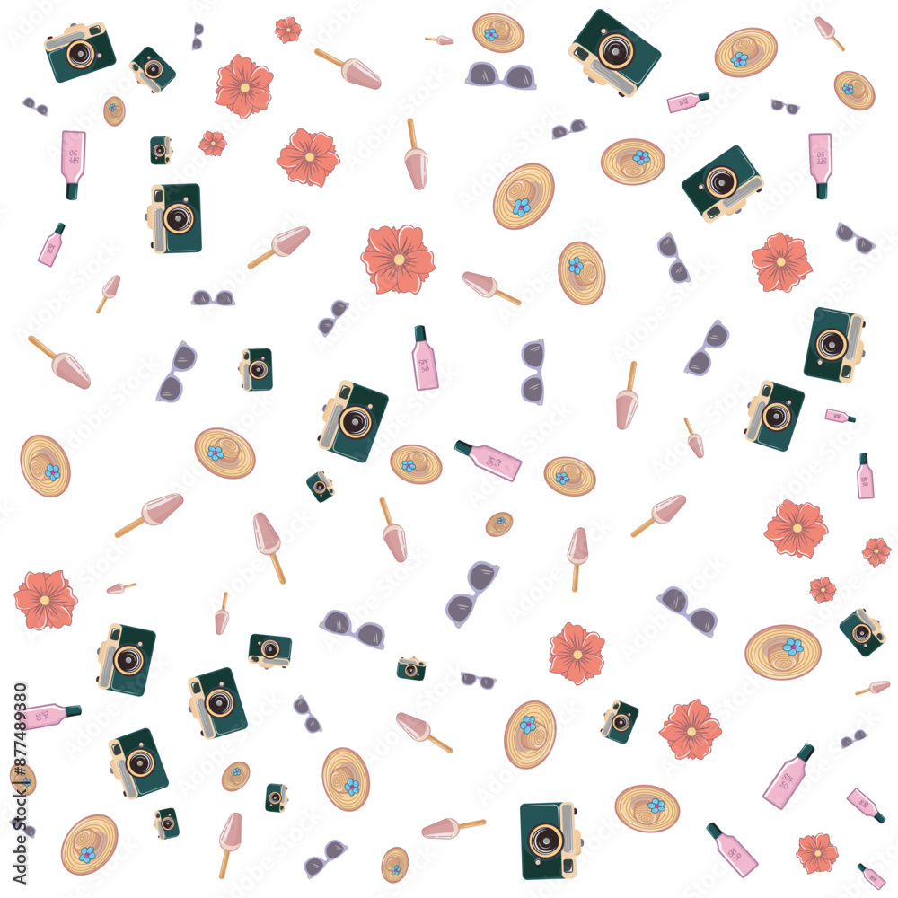 summer vacation pattern with cameras, flowers summer vacation pattern with cameras, flowers