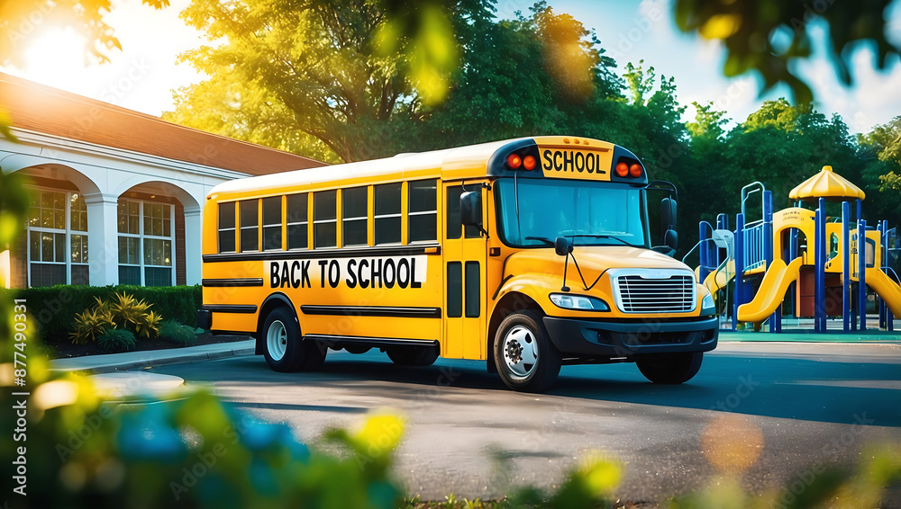 Back to school yellow bus parked in front of school, vehicles and transportation background