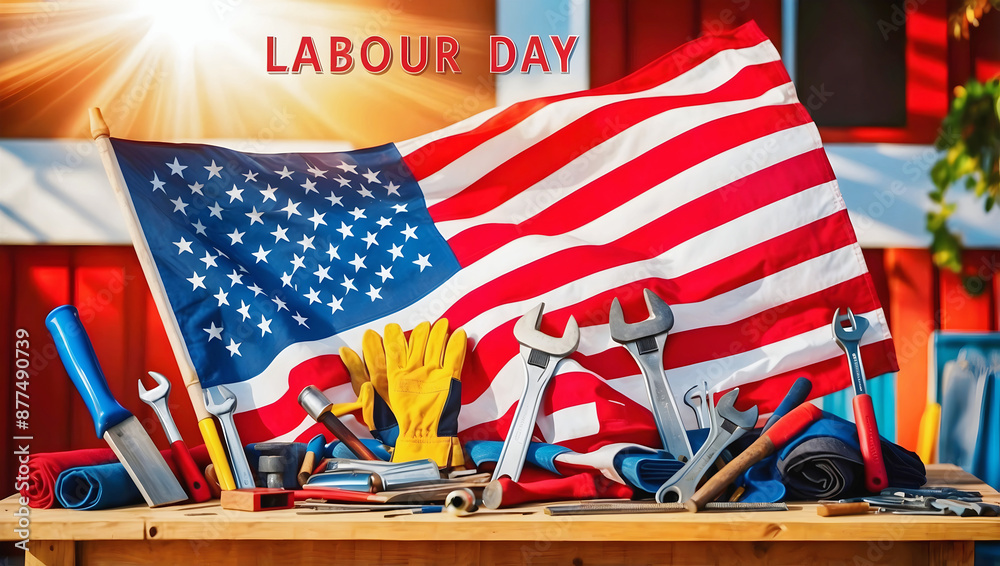 Labour day concept, American flag and worker tools background, template