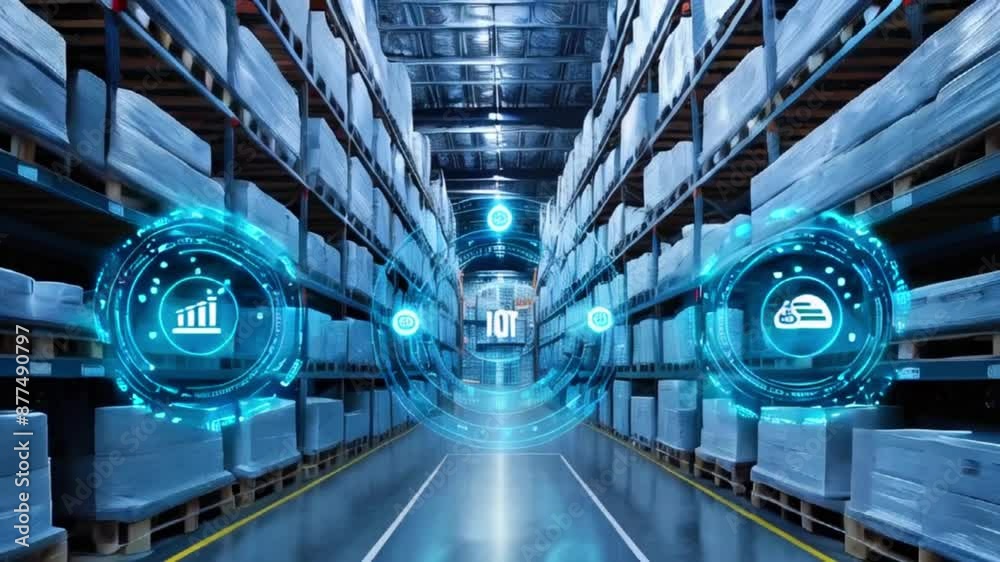 The video is a perspective view down a long warehouse aisle with tall shelves on either side containing many boxes. Near the end of the aisle is a large blue circle with a graph in it, and a smaller b