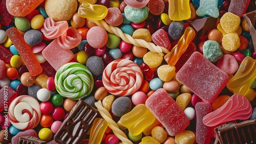 colorful assortment of candies, including hard and soft candy pieces, gummies, internal lollipops, chocolate, all arranged in an aesthetically pleasing pattern. photo