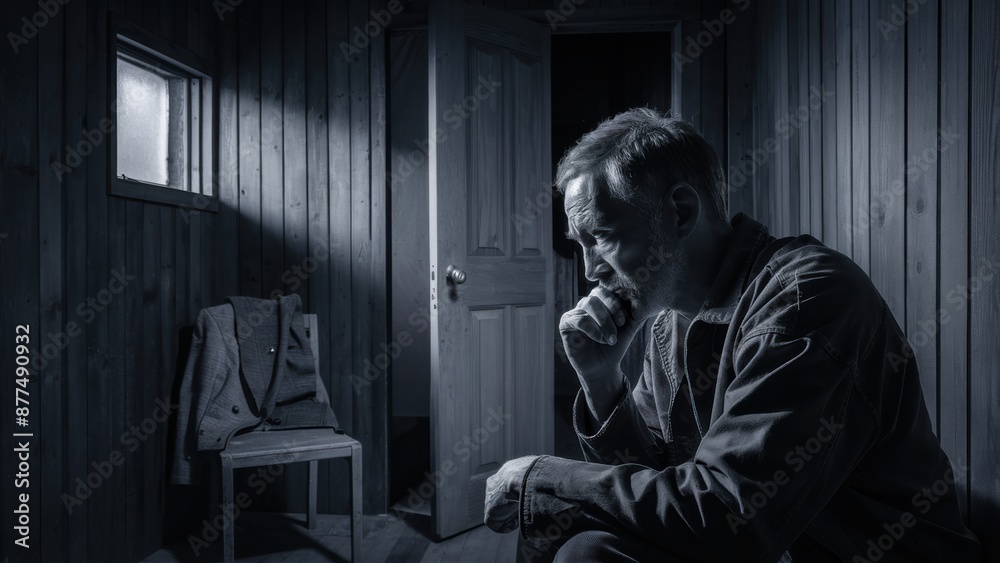 Obraz premium A man sitting in a chair with his hand on the chin, AI