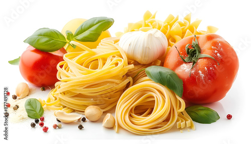 Italian cuisine concept - raw pasta and ingredients. Healthy vegetarian diet, isolated on white