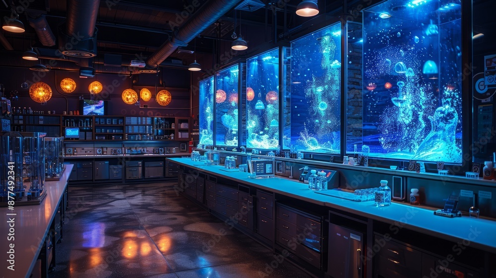 A modern bar interior with a long counter, lit by orange pendant lights and featuring large, illuminated jellyfish tanks. A modern bar interior with a long counter, lit by orange pendant lights and featuring large, illuminated jellyfish tanks.
