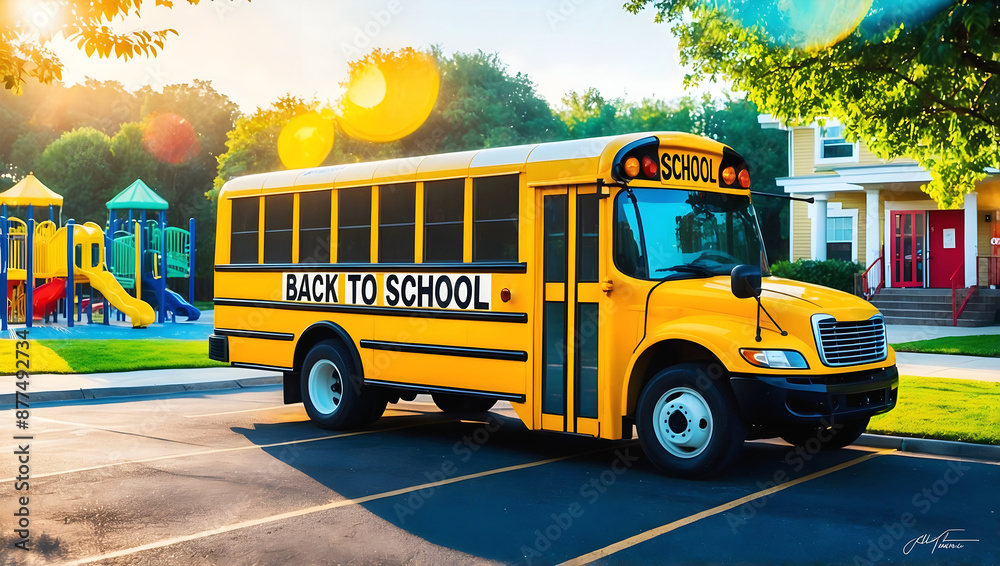 Back to school yellow bus parked in front of school, vehicles and transportation background