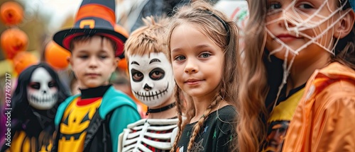 Whimsical Halloween-themed Carnival: Kids Dressed as Animated Movie Characters Enjoying Fun and Games Amid Colorful Decorations and Prizes