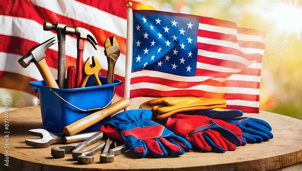Labour day concept, American flag and worker tools background, template