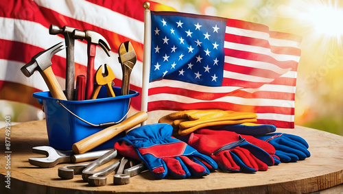 Obraz na płótnie Labour day concept, American flag and worker tools background, template w salonie