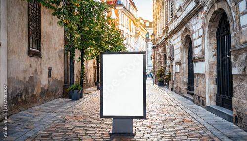 Outdoor mockup of a blank information poster on patterned paving-stone; an empty vertical street banner template in an alley; billboard placeholder mock-up on a city boulevard in an alleyway outdoors