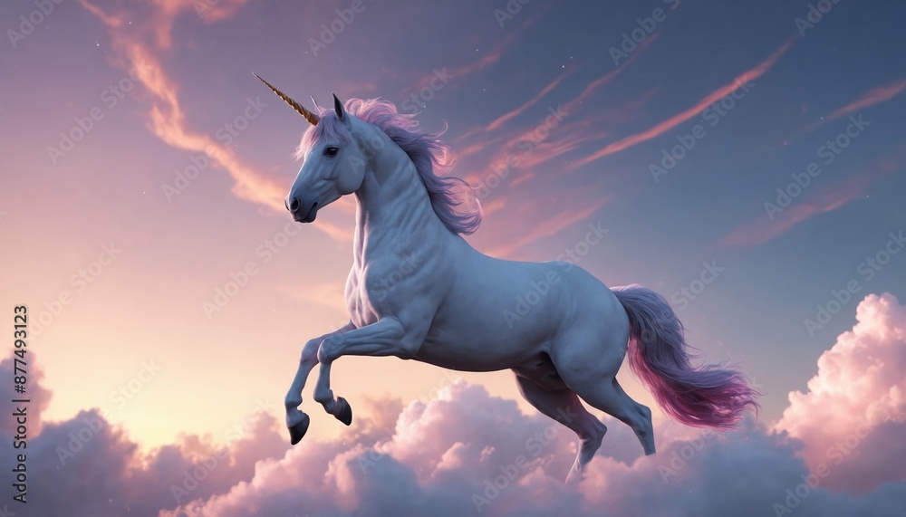 Fototapeta premium A majestic unicorn soars through the pink clouds of a dreamy sunset