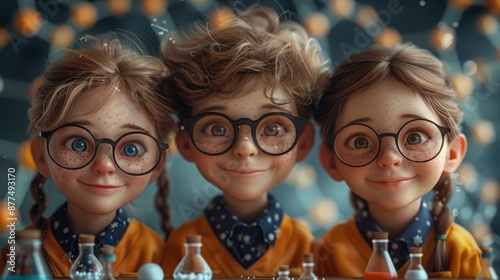 Three young children with glasses smile happily as they look at a science experiment in front of them. photo