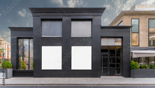 Outdoor mockup,store template,front view black of generic store facade with windows display and blanck posters. © netsay