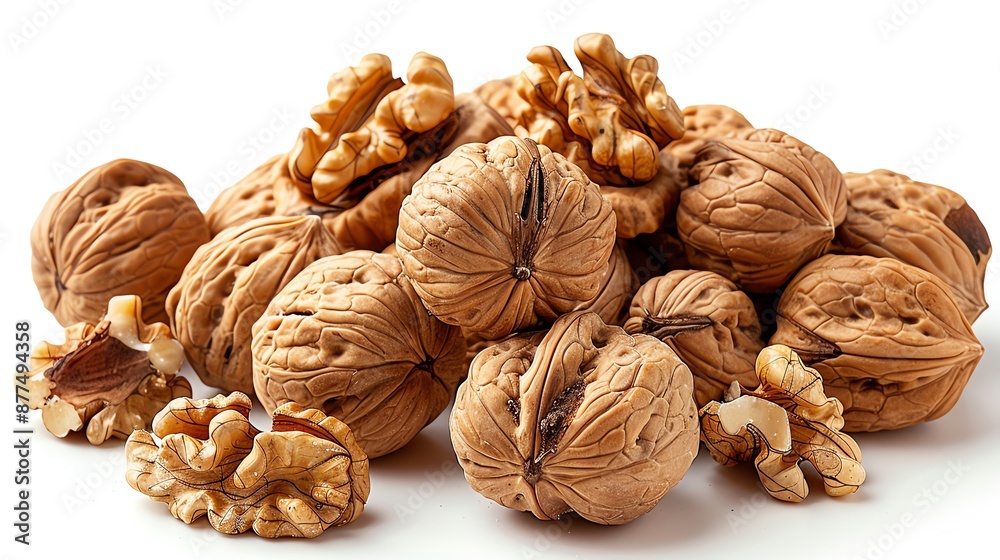 Close-up of whole and cracked walnuts on a white background, showcasing their textured shells and fresh, edible kernels. Close-up of whole and cracked walnuts on a white background, showcasing their textured shells and fresh, edible kernels.