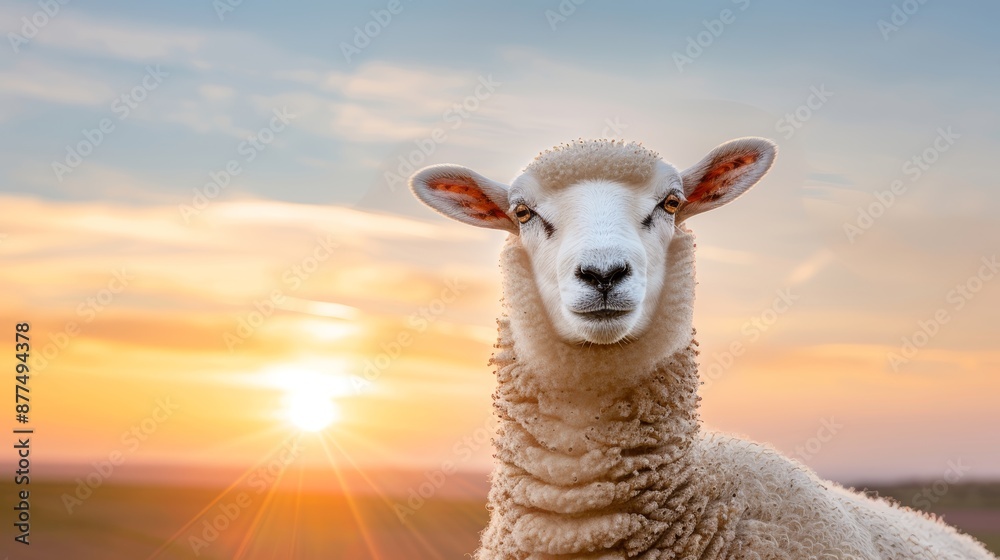 Fototapeta premium A breathtaking and detailed photo of a white sheep under a dramatic sunset sky, focus cover all object
