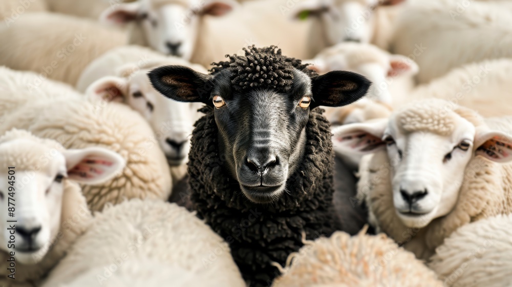 Obraz premium A charming and clear image of a black sheep surrounded by white sheep in a peaceful meadow, focus cover all object