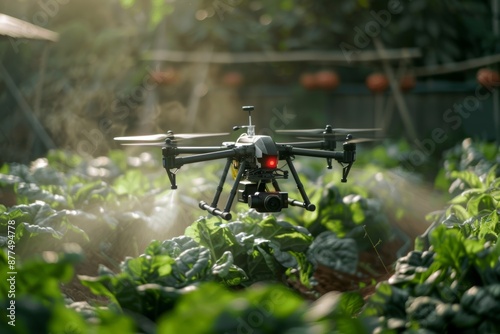 Agricultural drone applying biopesticides over a vegetable farm, minimizing environmental impact while protecting crops.