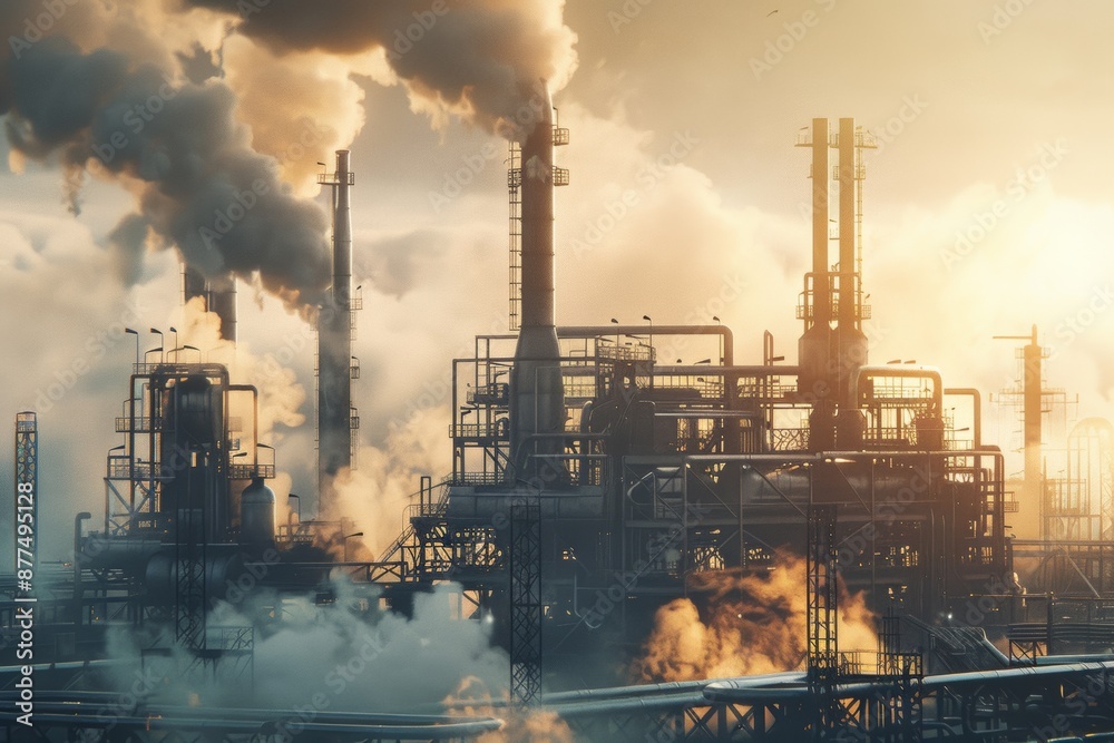 Chemical processing plant emitting gases and fumes, illustrating the carbon footprint of industrial chemical production.