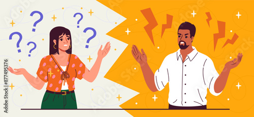 Couple with misunderstanding. Man and woman yell at each other in anger. Negative feelings and emotions. Mental and psychological problems. Quarrel and conflict. Flat vector illustration