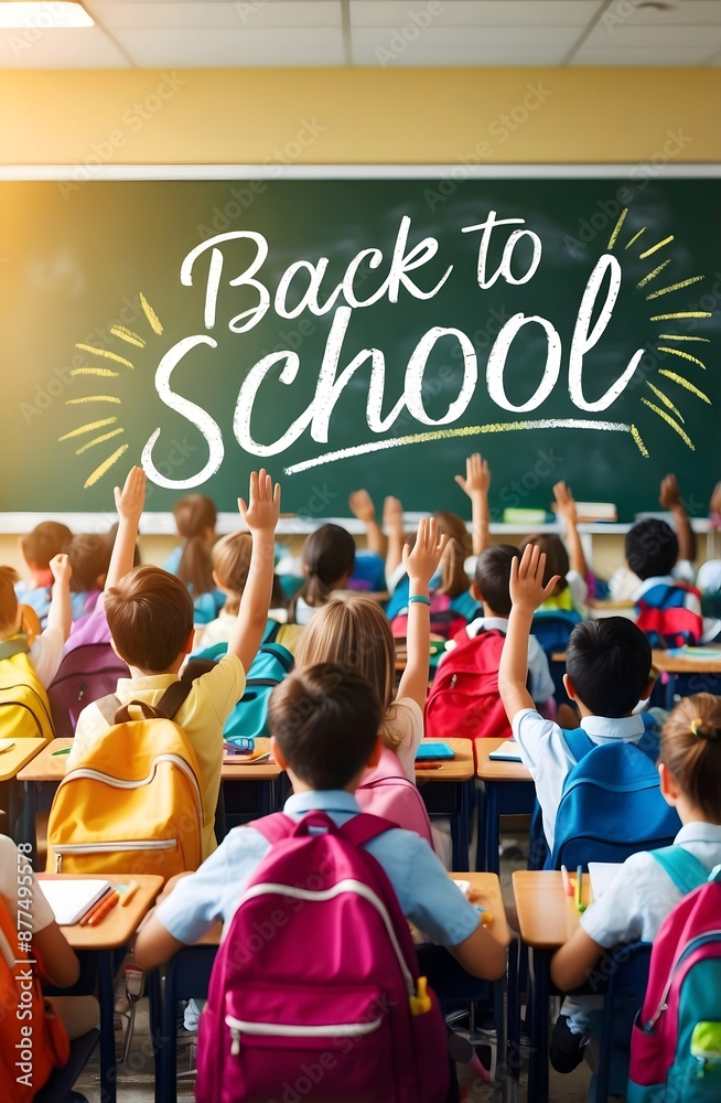 Kids in classroom on first day of school, back to school concept, people background, template, chalk and board
