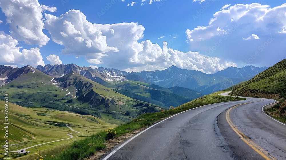 Fototapeta premium A picturesque road winding through the mountains under a clear sky with fluffy clouds in the background. This view exudes peace and beauty of nature, inviting you to travel through the landscape.