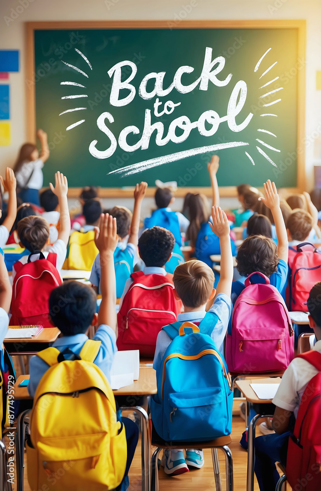 Kids in classroom on first day of school, back to school concept, people background, template, chalk and board
