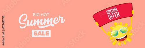 Summer Sale horizontal wide web banner. summer happy sun character holding sign or banner with special offer sale text isolated on soft pastel pink horizontal background. Summer sale