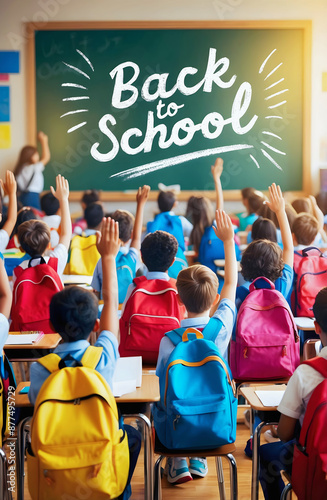 Obraz na płótnie Kids in classroom on first day of school, back to school concept, people background, template, chalk and board w salonie