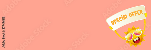 Summer Sale horizontal wide web banner. summer happy sun character holding sign or banner with special offer sale text isolated on soft pastel pink horizontal background. Summer sale