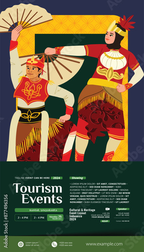 Tourism event layout with indonesian culture Yogyakarta dancer flat illustration
