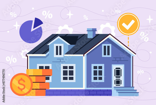Concept of mortgage. Large blue house next to stack of gold coins. Real estate rental and private property transactions. Cottage or townhouse. Flat vector illustration isolated on violet background