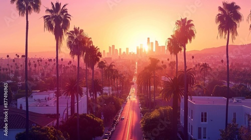 Palm Tree-Lined Street Overlooking Los Angeles at Sunset