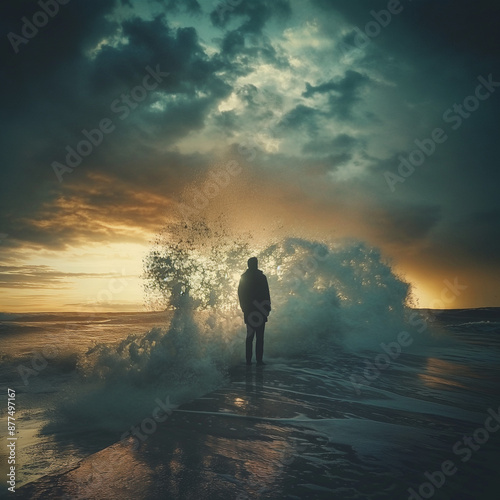 silhouette of a person on the beach, a man standing calm in high storm