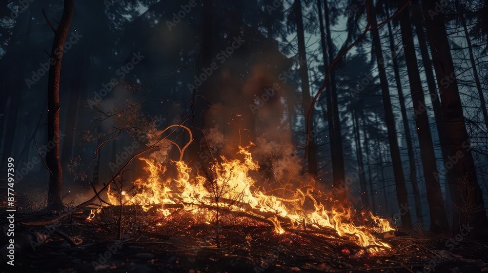 mystical scene of burning pyre in nighttime forest ethereal flames shadowy trees atmospheric lighting mystical scene of burning pyre in nighttime forest ethereal flames shadowy trees atmospheric lighting