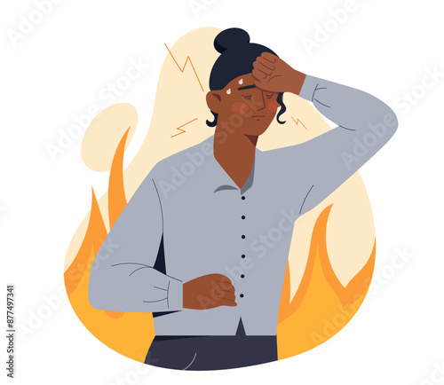 Nervous woman concept. Young girl in suit on fire. Overworked employee in office. Deadline and stress at work. Businesswoman with anxiety. Cartoon vector illustration isolated on white background