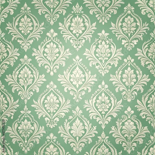 A vintage damask pattern in muted green and ivory, green, ivory, vintage