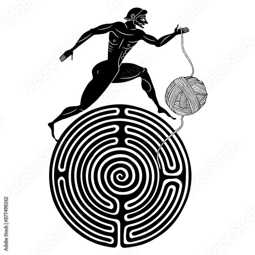 Theseus. Ancient Greek man running on a round spiral maze or labyrinth symbol and a yarn ball. Ariadne's thread. Philosophical mythological concept. Black and white silhouette.
