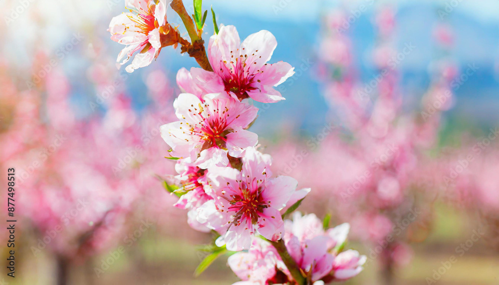 Garden peach flowers. Peach tree with pink flowers on a spring day. The concept of gardening, agriculture. Garden peach flowers. Peach tree with pink flowers on a spring day. The concept of gardening, agriculture.