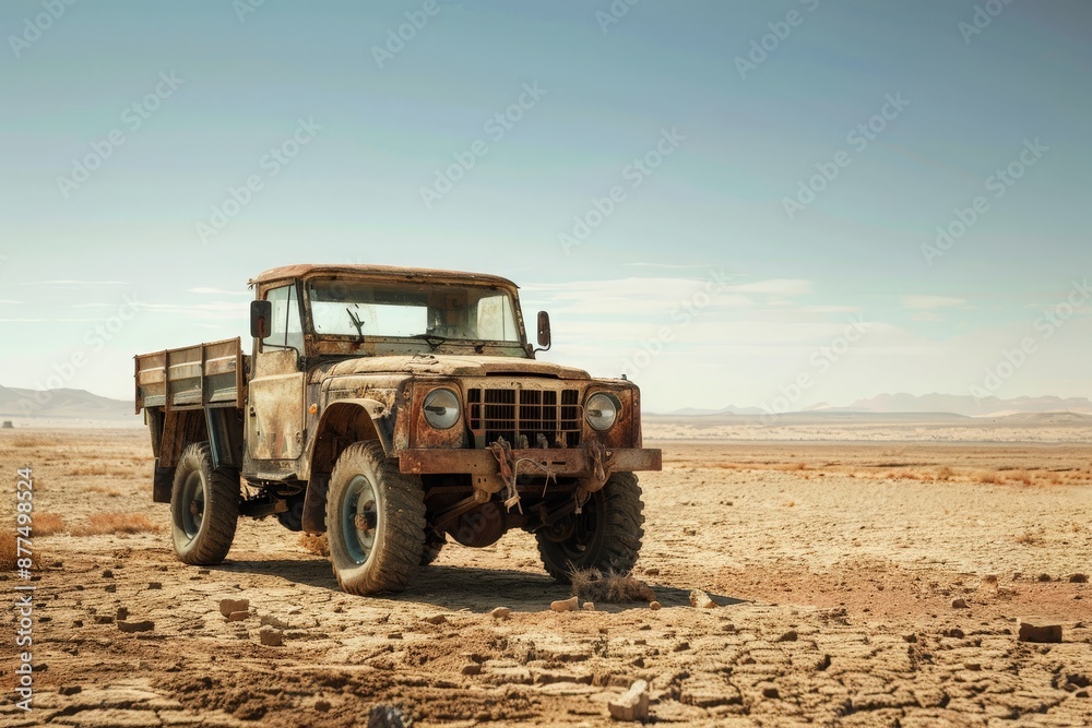 Heavy-duty off-road vehicle parked in a barren desert landscape, illustrating its rugged construction and capability Heavy-duty off-road vehicle parked in a barren desert landscape, illustrating its rugged construction and capability