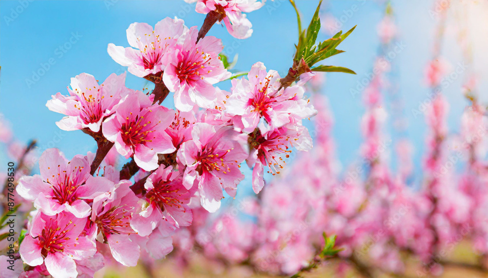 Garden peach flowers. Peach tree with pink flowers on a spring day. The concept of gardening, agriculture. Garden peach flowers. Peach tree with pink flowers on a spring day. The concept of gardening, agriculture.