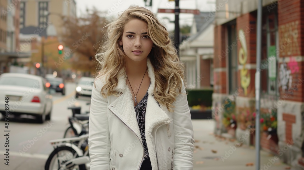 A young woman with long blonde hair is walking down a city street, wearing a white leather jacket and looking directly at the camera. A young woman with long blonde hair is walking down a city street, wearing a white leather jacket and looking directly at the camera.