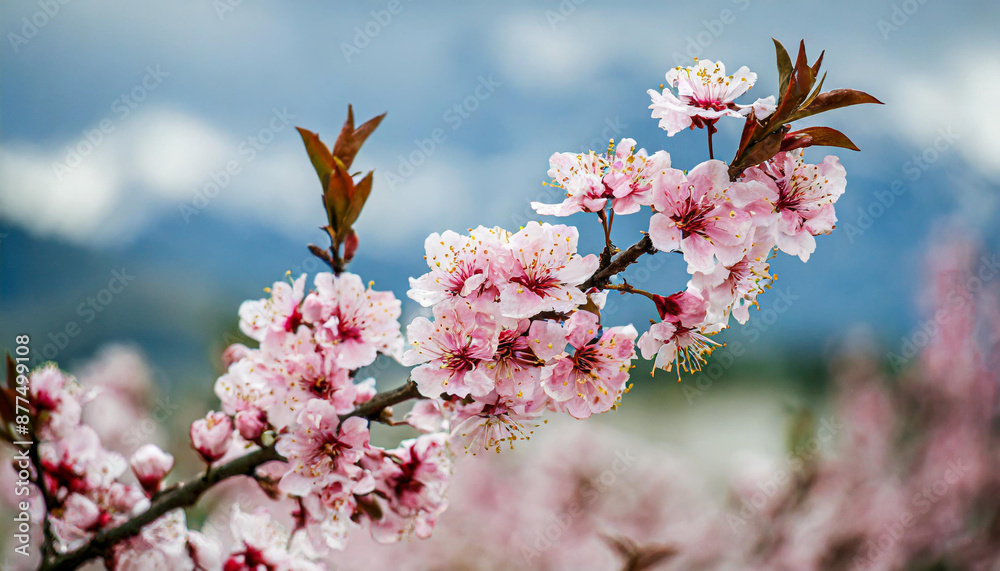 Garden peach flowers. Peach tree with pink flowers on a spring day. The concept of gardening, agriculture. Garden peach flowers. Peach tree with pink flowers on a spring day. The concept of gardening, agriculture.
