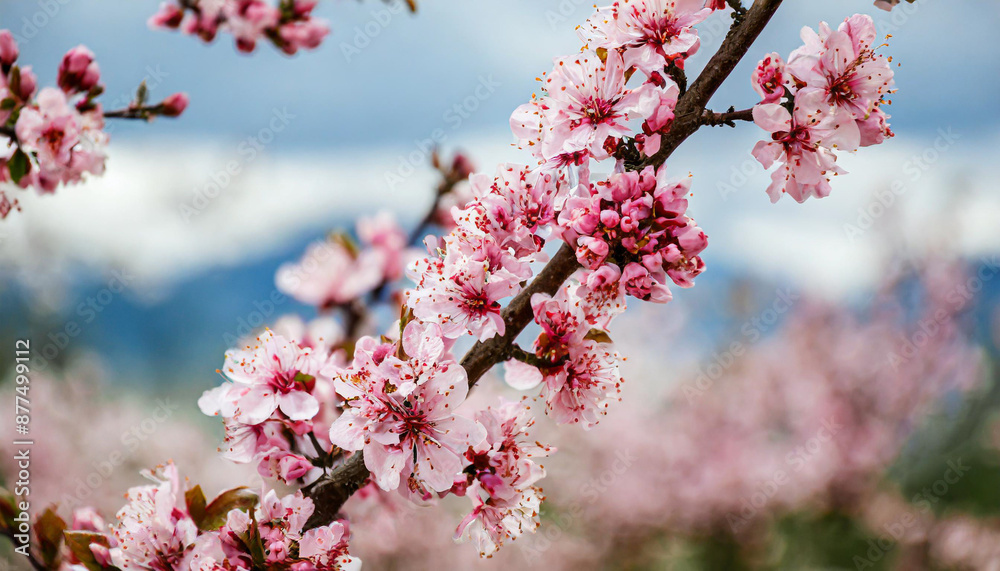 Garden peach flowers. Peach tree with pink flowers on a spring day. The concept of gardening, agriculture. Garden peach flowers. Peach tree with pink flowers on a spring day. The concept of gardening, agriculture.