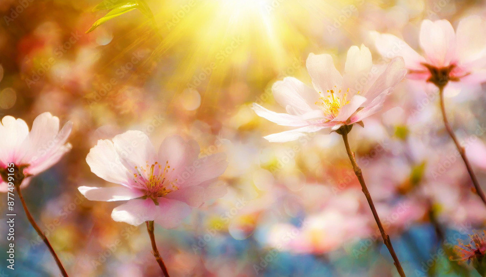 A field of delicate pink flowers under a dawn sky, with the sun's rays creating a soft, dreamlike quality perfect for backgrounds and nature themes. A field of delicate pink flowers under a dawn sky, with the sun's rays creating a soft, dreamlike quality perfect for backgrounds and nature themes.