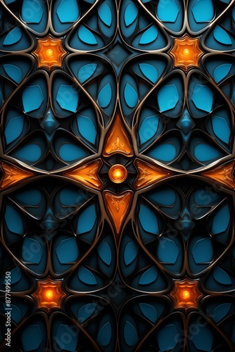 Close-up of an intricate abstract geometric design featuring blue and orange shapes with black accents. The pattern creates a visually stunning and modern composition © avaye