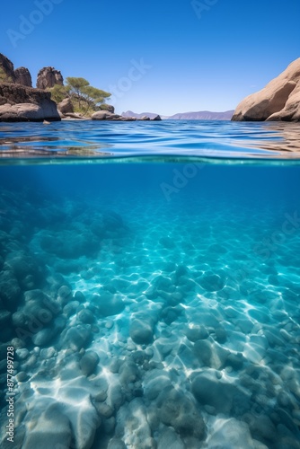Split view of clear blue coastal waters with rocky cliffs and underwater scene with rocks and pebbles in sunlight. Tranquil and scenic seascape