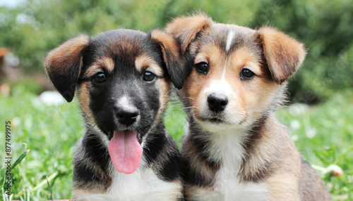 A collection of puppies seated together on a grassy field, backed by a fence © netsay