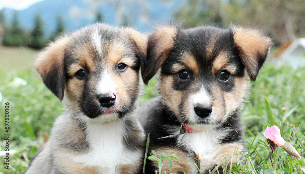 A collection of puppies seated together on a grassy field, backed by a fence A collection of puppies seated together on a grassy field, backed by a fence